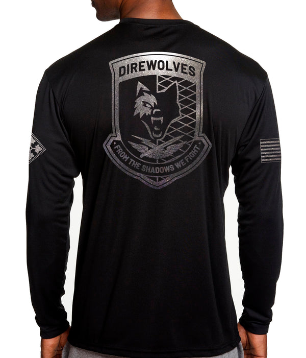 Long Sleeve Performance PT Shirt. Black on Black Design. This shirt IS approved for PT.