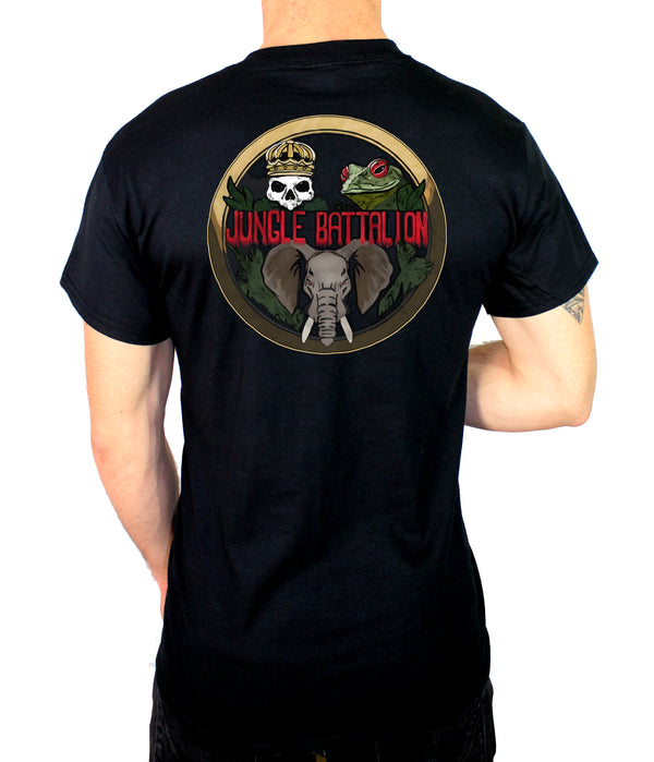 Jungle Back 50-50 Blend Black Unisex PT Short Sleeve Shirt. Approved for PT.