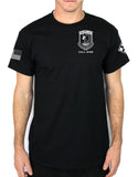 50-50 Blend Black Unisex PT Short Sleeve Shirt. White Design. Approved for PT