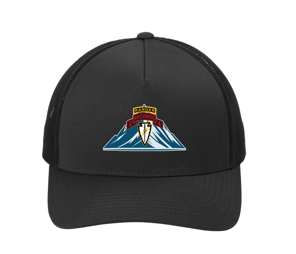 Black Mesh Trucker Baseball Cap. 5 Panel. Adjustable Snapback Closure.