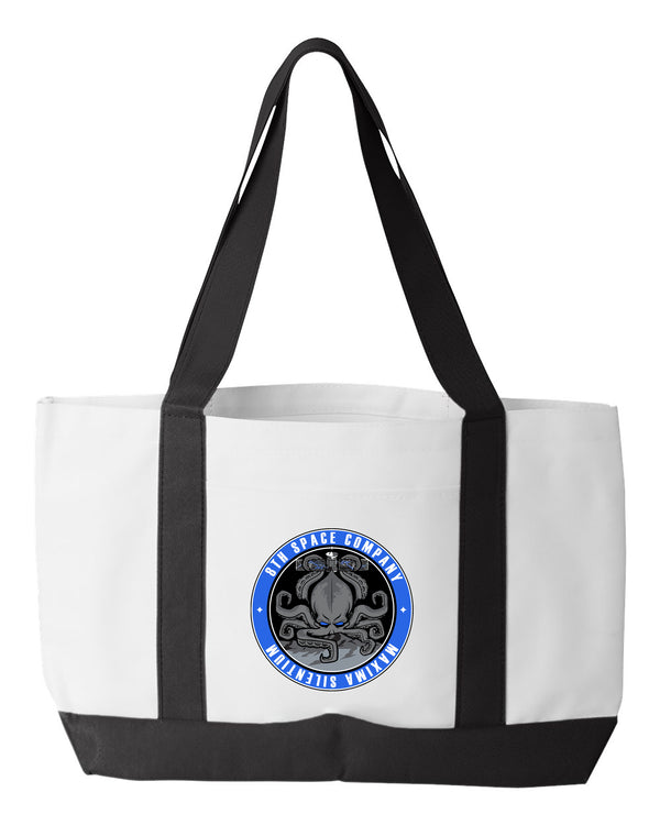8th - Shopping Bag, 18.5"W x 12"H with 3.5" depth. White Polyester with Black Straps and Bottom.