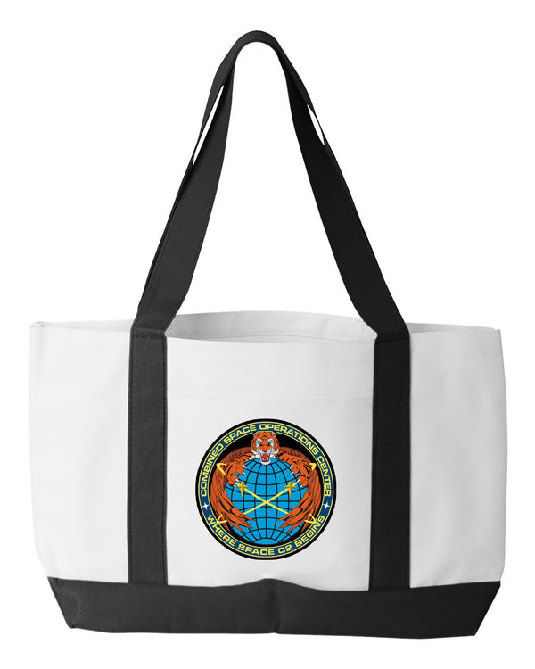 Shopping Bag, 18.5"W x 12"H with 3.5" depth. White Polyester with Black Straps and Bottom.