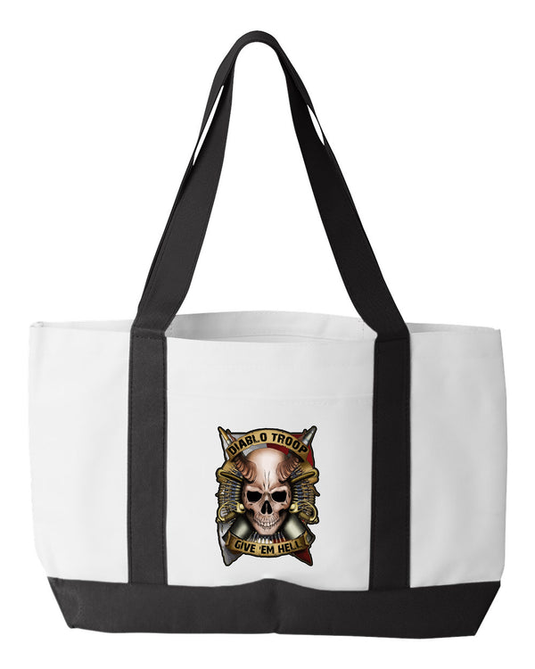 Color Shopping Bag, 18.5"W x 12"H with 3.5" depth. White Polyester with Black Straps and Bottom.