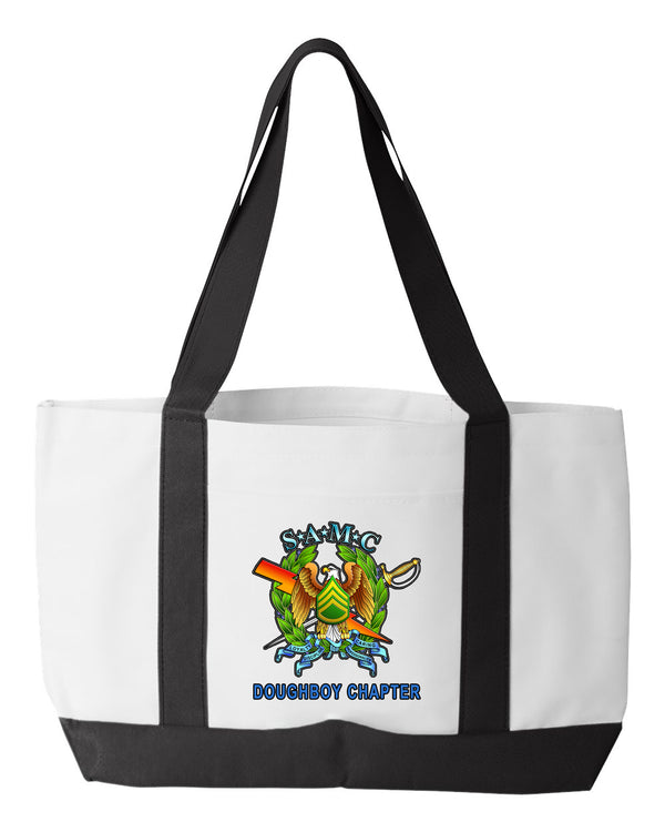 Doughboy SAMC Shopping Bag, 18.5"W x 12"H with 3.5" depth. White Polyester with Black Straps and Bottom.