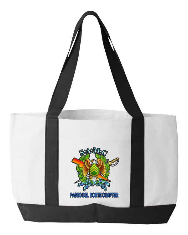 PDN SAMC Shopping Bag, 18.5"W x 12"H with 3.5" depth. White Polyester with Black Straps and Bottom.