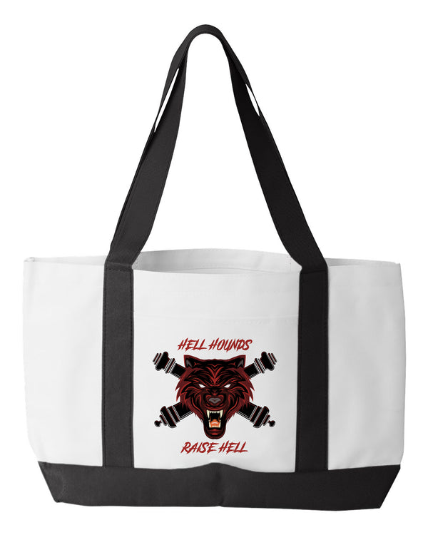 Hell Hounds Shopping Bag, 18.5"W x 12"H with 3.5" depth. White Polyester with Black Straps and Bottom.