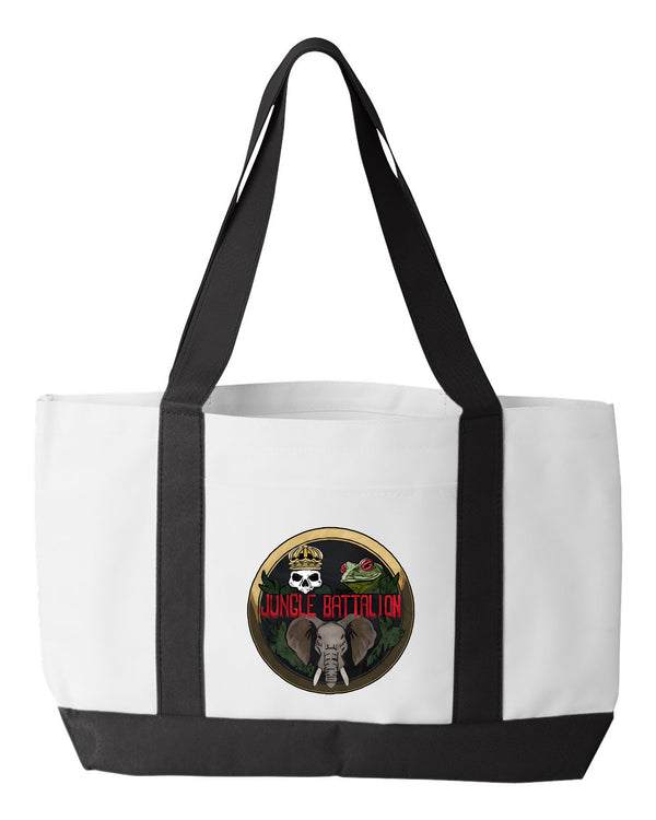 Jungle Shopping Bag, 18.5"W x 12"H with 3.5" depth. White Polyester with Black Straps and Bottom.