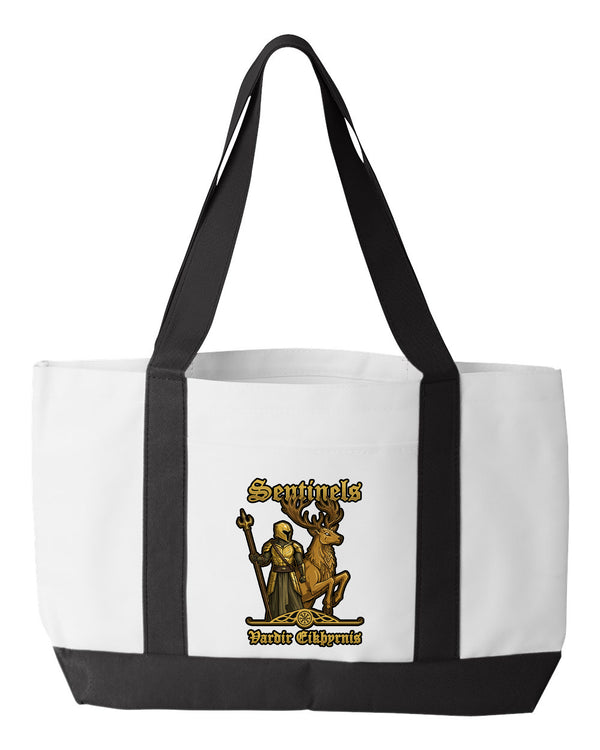 Sentinels Shopping Bag, 18.5"W x 12"H with 3.5" depth. White Polyester with Black Straps and Bottom.