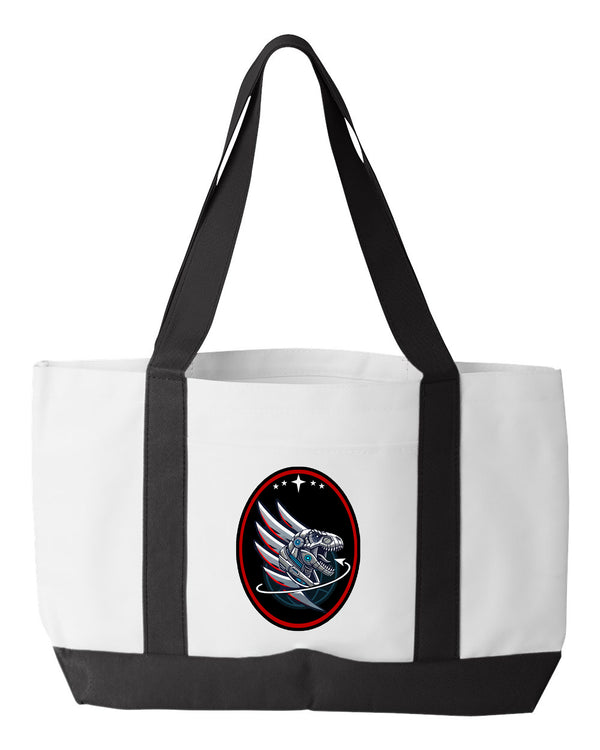 T-REX Shopping Bag, 18.5"W x 12"H with 3.5" depth. White Polyester with Black Straps and Bottom.