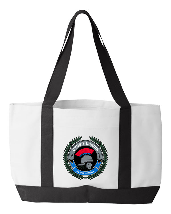 Cyber and Silent Shopping Bag, 18.5"W x 12"H with 3.5" depth. White Polyester with Black Straps and Bottom.