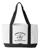 Shopping Bag, 18.5"W x 12"H with 3.5" depth. White Polyester with Black Straps and Bottom.