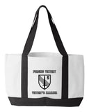 Shopping Bag, 18.5"W x 12"H with 3.5" depth. White Polyester with Black Straps and Bottom.