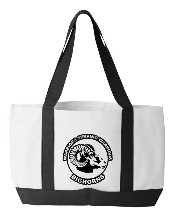 Shopping Bag, 18.5"W x 12"H with 3.5" depth. White Polyester with Black Straps and Bottom. Multiple Designs.