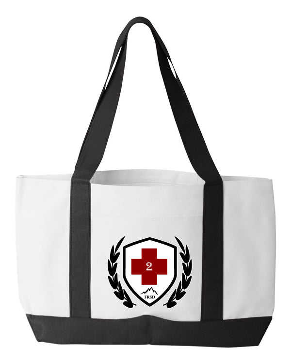 Shopping Bag, 18.5"W x 12"H with 3.5" depth. White Polyester with Black Straps and Bottom.