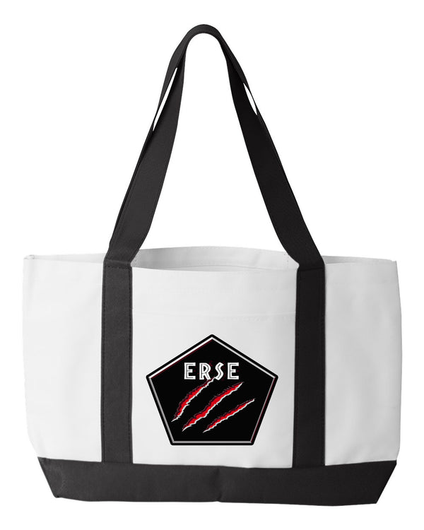 Shopping Bag, 18.5"W x 12"H with 3.5" depth. White Polyester with Black Straps and Bottom.