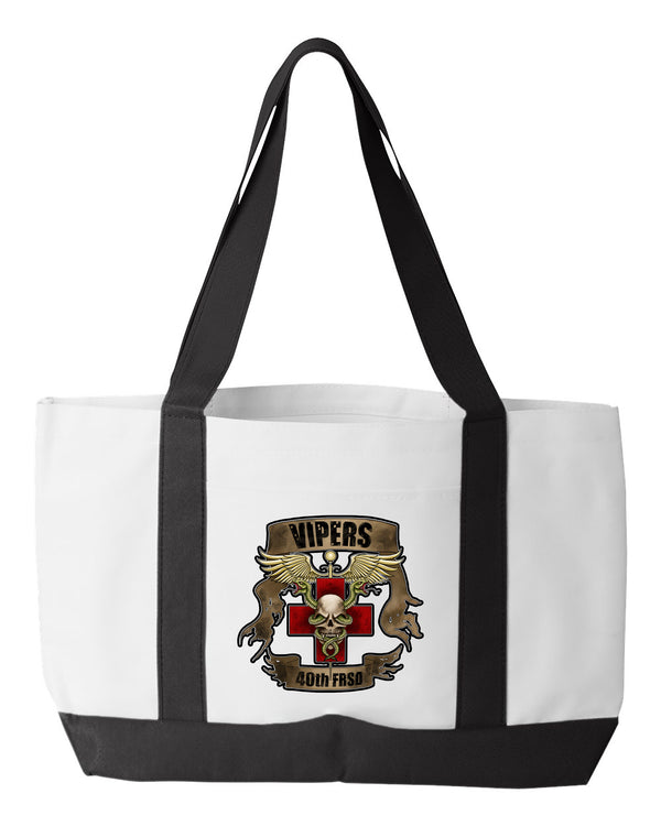 Shopping Bag, 18.5"W x 12"H with 3.5" depth. White Polyester with Black Straps and Bottom.