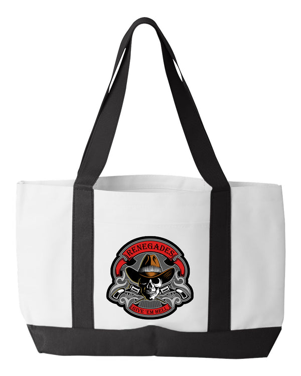 Shopping Bag, 18.5"W x 12"H with 3.5" depth. White Polyester with Black Straps and Bottom.