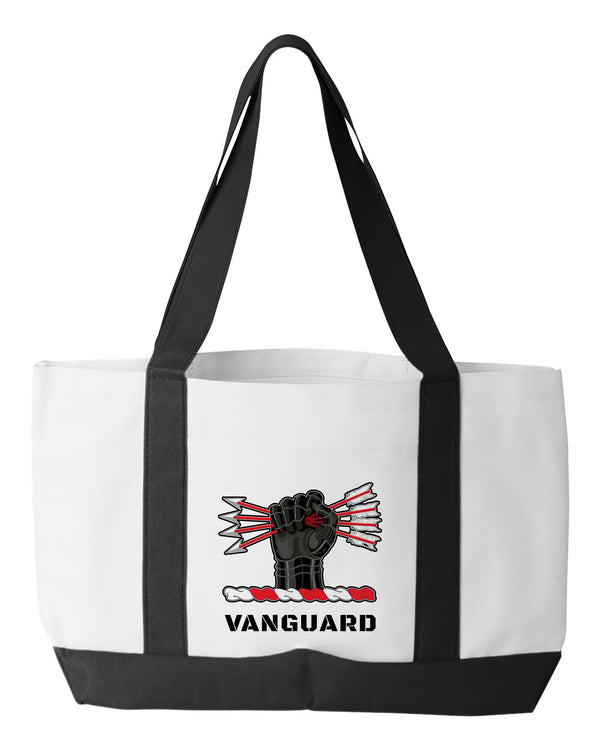 Shopping Bag, 18.5"W x 12"H with 3.5" depth. White Polyester with Black Straps and Bottom. Multiple Designs.