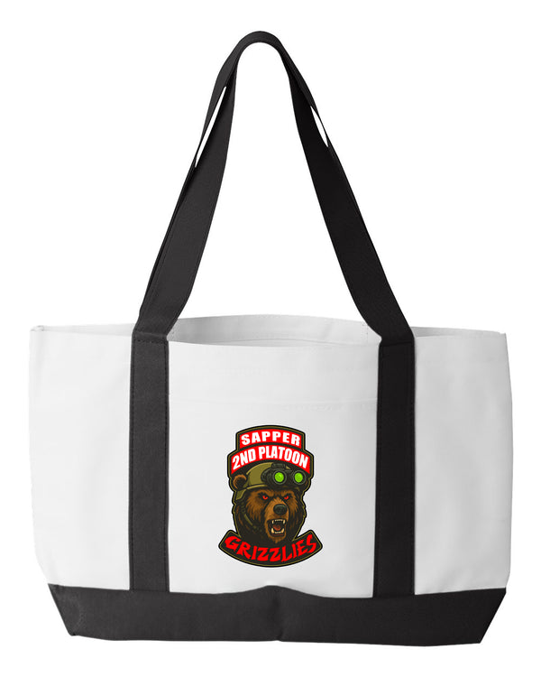 Shopping Bag, 18.5"W x 12"H with 3.5" depth. White Polyester with Black Straps and Bottom.