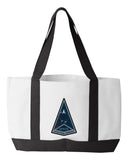 Shopping Bag, 18.5"W x 12"H with 3.5" depth. White Polyester with Black Straps and Bottom.