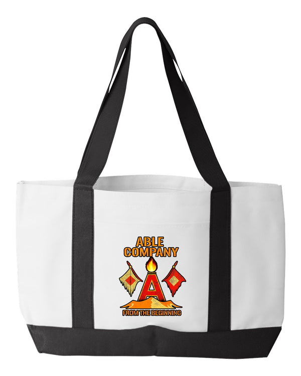 Shopping Bag, 18.5"W x 12"H with 3.5" depth. White Polyester with Black Straps and Bottom.