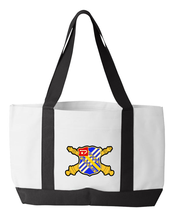 Shopping Bag, 18.5"W x 12"H with 3.5" depth. White Polyester with Black Straps and Bottom.