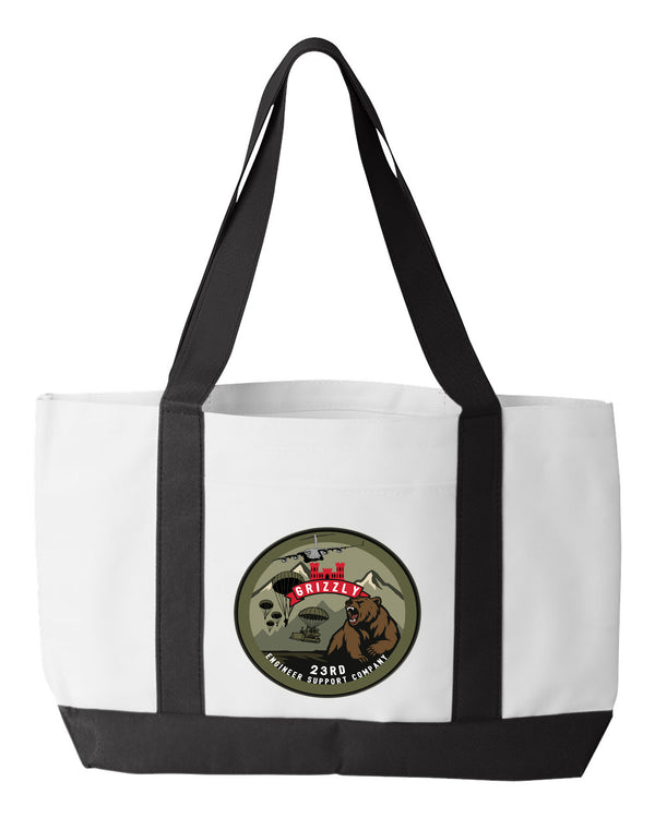 Shopping Bag, 18.5"W x 12"H with 3.5" depth. White Polyester with Black Straps and Bottom.