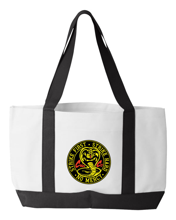 Shopping Bag, 18.5"W x 12"H with 3.5" depth. White Polyester with Black Straps and Bottom.