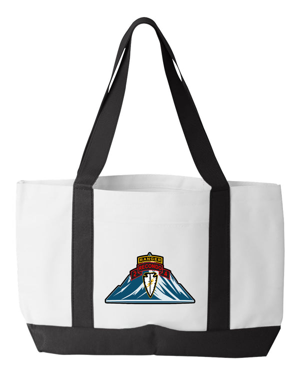 Shopping Bag, 18.5"W x 12"H with 3.5" depth. White Polyester with Black Straps and Bottom.
