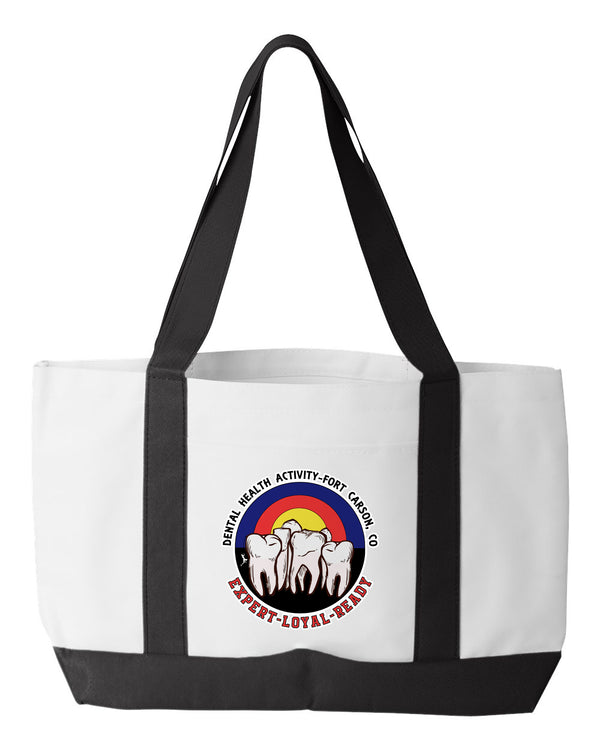 Shopping Bag, 18.5"W x 12"H with 3.5" depth. White Polyester with Black Straps and Bottom.