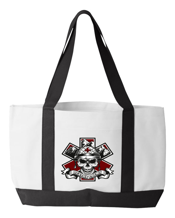 Shopping Bag, 18.5"W x 12"H with 3.5" depth. White Polyester with Black Straps and Bottom.