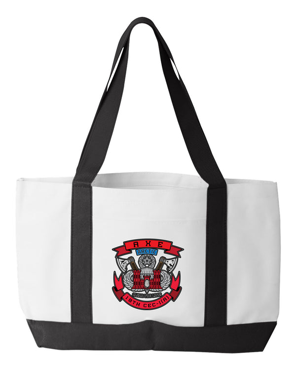 Shopping Bag, 18.5"W x 12"H with 3.5" depth. White Polyester with Black Straps and Bottom.