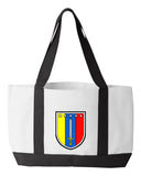 Shopping Bag, 18.5"W x 12"H with 3.5" depth. White Polyester with Black Straps and Bottom.