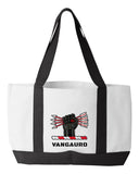 Shopping Bag, 18.5"W x 12"H with 3.5" depth. White Polyester with Black Straps and Bottom. Multiple Designs.