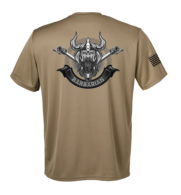 Barbarian Performance Coyote Tan Closed Mesh Unisex Shirt (Black Design). This shirt is NOT approved for PT