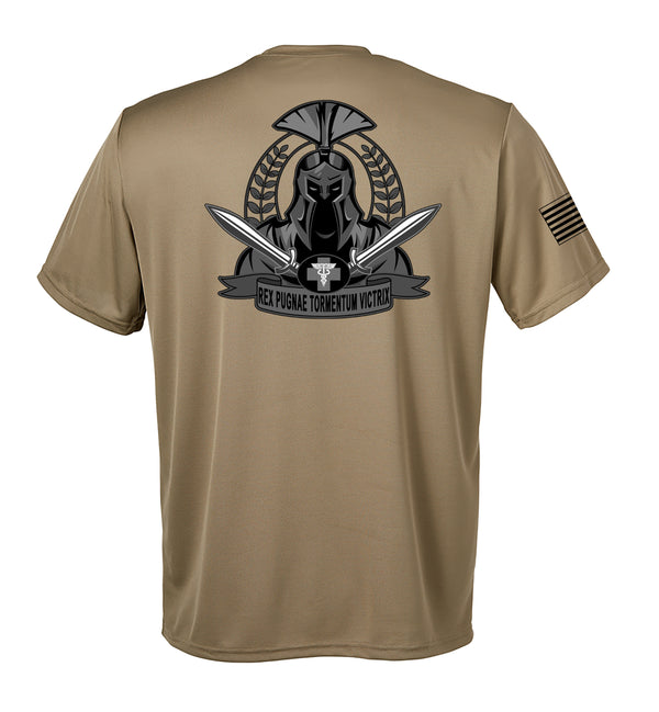 Medics Performance Coyote Tan Closed Mesh Unisex Shirt (Black Design). This shirt is NOT approved for PT