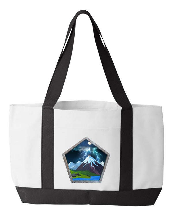 HHC Shopping Bag, 18.5"W x 12"H with 3.5" depth. White Polyester with Black Straps and Bottom.