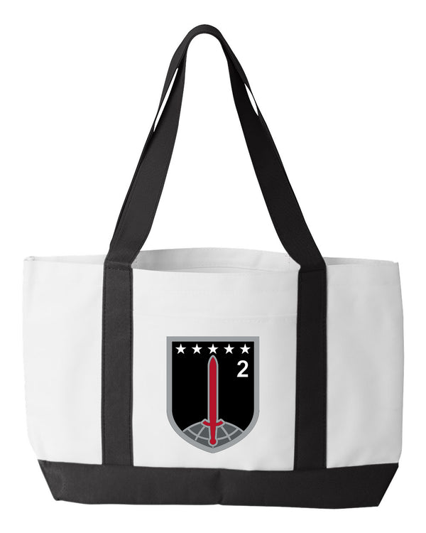 2d MDTF Shopping Bag, 18.5"W x 12"H with 3.5" depth. White Polyester with Black Straps and Bottom.