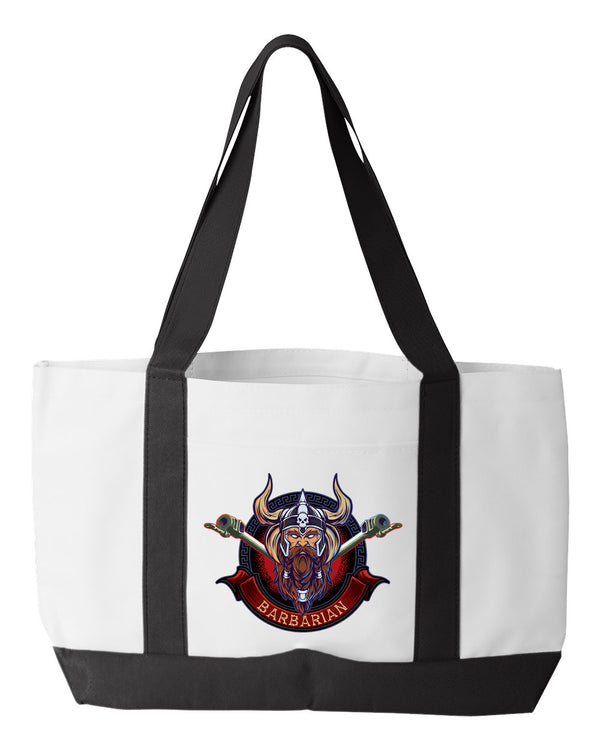 Barbarian Shopping Bag, 18.5"W x 12"H with 3.5" depth. White Polyester with Black Straps and Bottom.