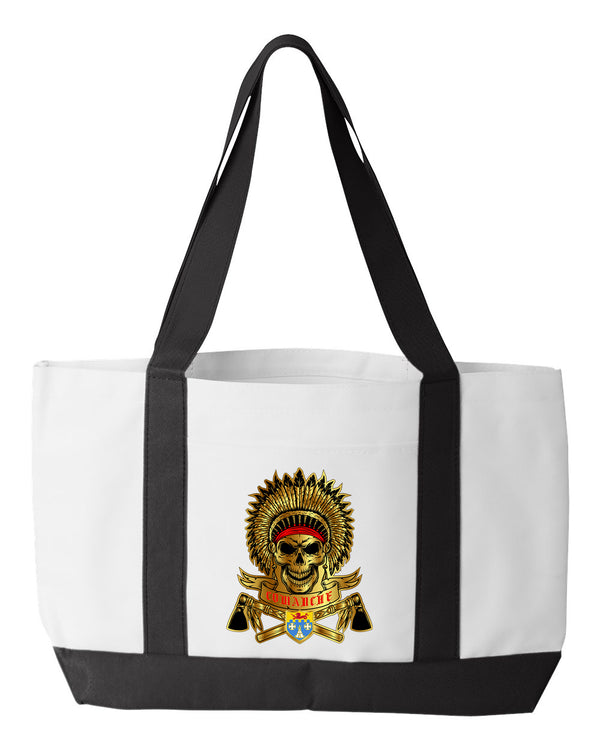 C Co Shopping Bag, 18.5"W x 12"H with 3.5" depth. White Polyester with Black Straps and Bottom.