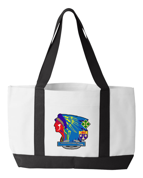 HQ Shopping Bag, 18.5"W x 12"H with 3.5" depth. White Polyester with Black Straps and Bottom.