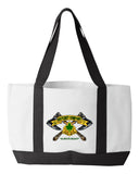 Shopping Bag, 18.5"W x 12"H with 3.5" depth. White Polyester with Black Straps and Bottom.