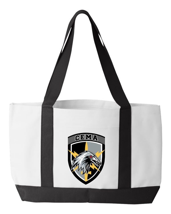 Shopping Bag, 18.5"W x 12"H with 3.5" depth. White Polyester with Black Straps and Bottom.