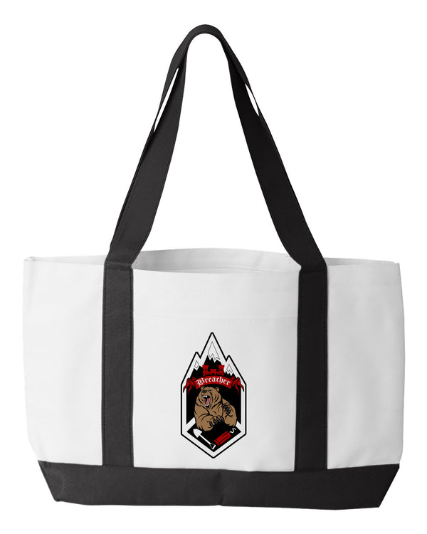 Shopping Bag, 18.5"W x 12"H with 3.5" depth. White Polyester with Black Straps and Bottom. Multiple Designs.