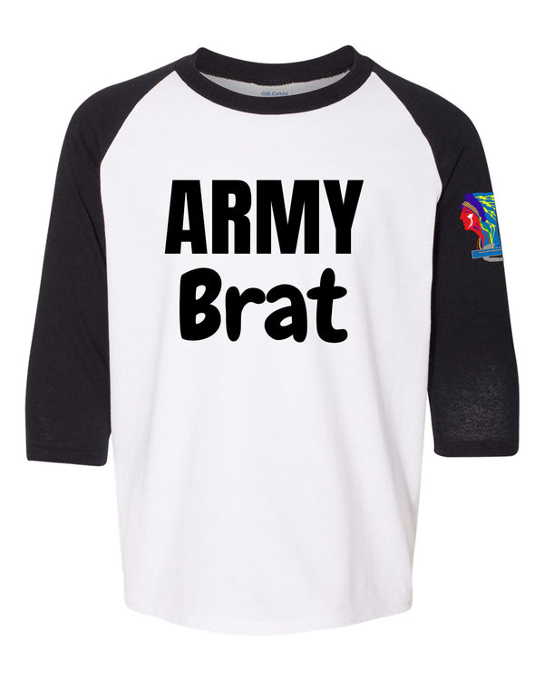 Youth Raglan Base Ball Shirt with Black "Army Brat" Design. ***Free Shipping for Liaison Pick-up orders only***