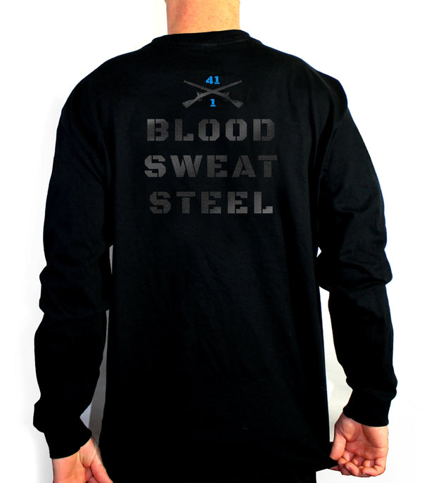 Blood, Sweat and Steel Design on a Black Long Sleeve T-Shirt. This shirt is NOT approved for PT *Free Liaison Pick-up only- NO Free Shipping