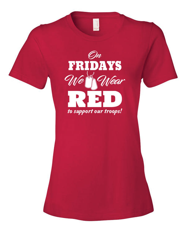 On Fridays We Wear Red Ladies Cut Red-White Crew Neck T-Shirt.