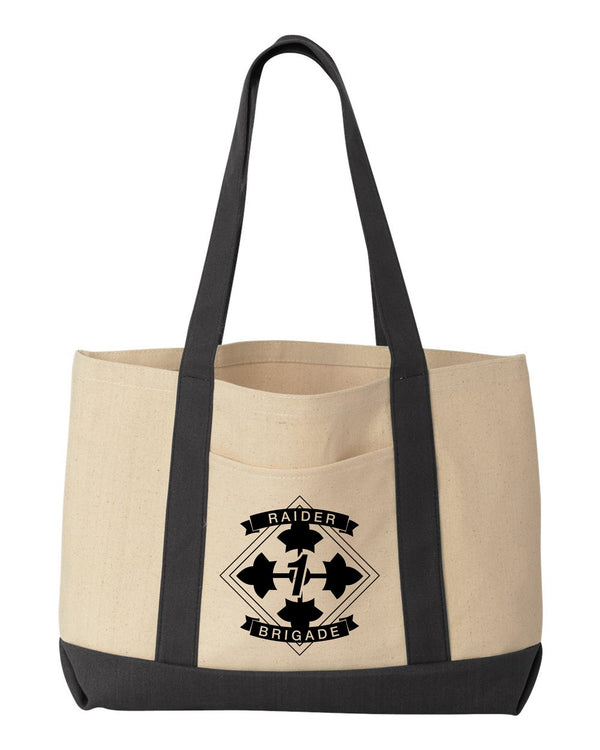 Cotton Canvas Tote 19" x 12" x 4.5" with Black 1SBCT Crest- Black bottom and straps.