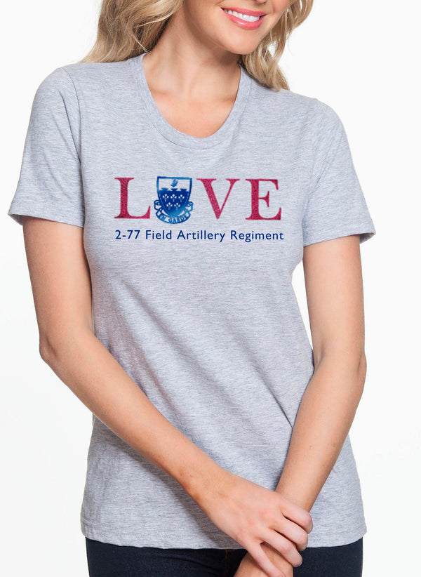 Multiple Color Ladies Cut Crew LOVE Shirt, with Red Glitter/Metallic Blue Vinyl Text.