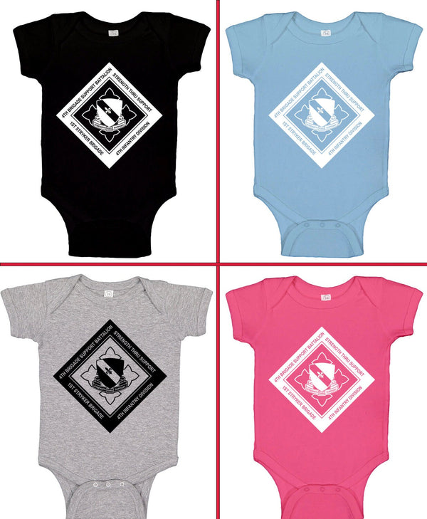 Baby Bodysuit with 4thBSB B&W Crest and Comes in Multiple Colors. **Free Shipping means for Liaison pick up to base only**